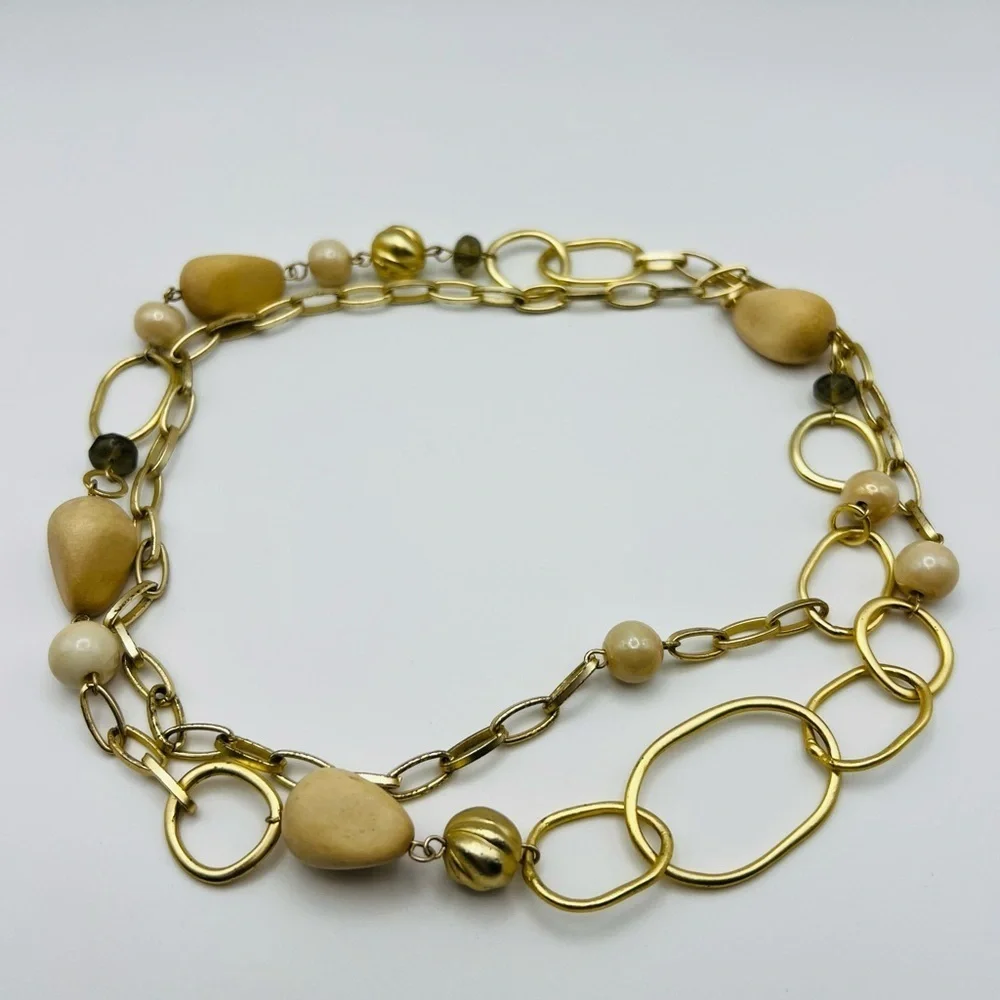 Long Gold Tone Chain Necklace w/ Natural Beads Modern 30” Boho